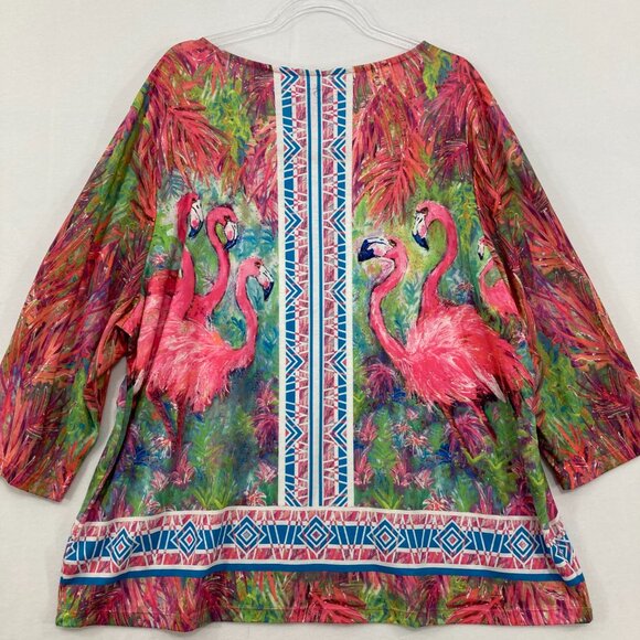 Leoma Lovegrove size XXXL Colorful Artsy Flamingo 3/4 Sleeve Stretch Comfy Top - Picture 8 of 9